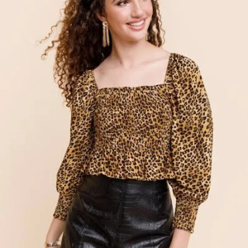 NEW Francesca's L Brown Black Animal Print Smocked Blouse Top